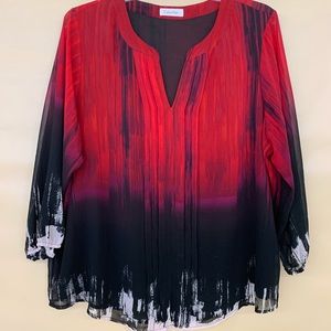 Calvin Klein Womens 2X Red/black/white pleated chiffon 3/4 sleeve tunic top